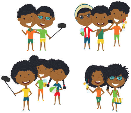 Summer African-American male and female characters make a selfie vector illustration. Happy cute girls and boys do group summer photos. Friendly teens posing in front of the camera smartphone.のイラスト素材