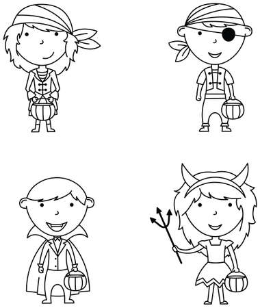 Happy boys and girls in Halloween costumes. Children collect sweets in holidays costumes. Vector set with cartoon characters: vampire, evil and pirates.のイラスト素材