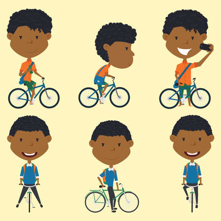 African American school boys on the bikes vector illustration. Kids go to school. Collection of bicycle rider students.のイラスト素材