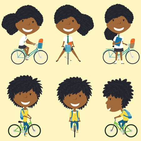 African American school girls on the bikes vector illustration. Kids go to school. Collection of bicycle rider students.のイラスト素材