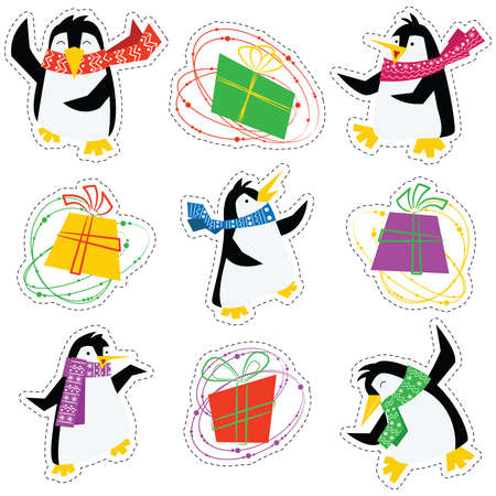 Dancing xmas penguins in a bright scarves and colorful gift boxes stickers set. Vector collection of winter holidays animals with presents.のイラスト素材