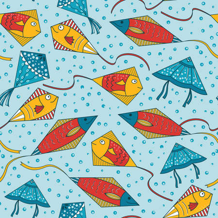 Kites in the form of beautiful ornamental fishes. Seamless pattern with kid toys in the sky. Underwater life wallpaper. のイラスト素材
