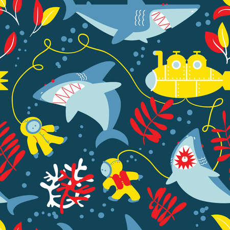 Underwater adventure seamless pattern with sharks, submarine and divers. Animal and nature wallpaper. Marine wildlife flat style background. のイラスト素材