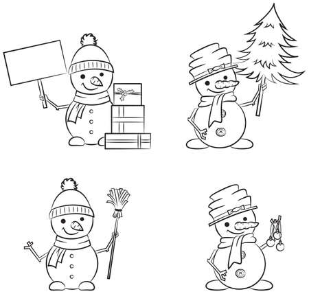 Cute snowmen doodle collection. Christmas cartoon characters with tree, xmas decorations, broom, gift boxes and message board. のイラスト素材