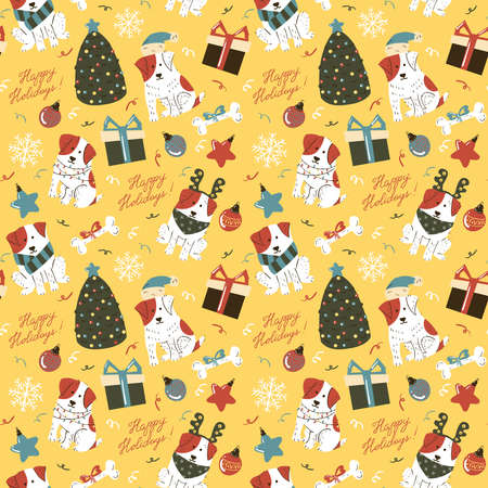 Christmas cute white dogs with brown spots seamless pattern. Funny pets with xmas tree, decoration, gift boxes and lettering Happy holidays wallpaper. Winter celebration vector background. のイラスト素材