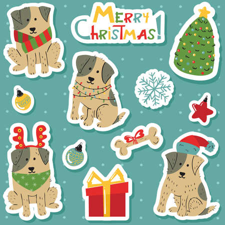 Christmas cute white dogs with brown spots sticker set . Funny pets with xmas tree, decoration, gift boxes and lettering Happy holidays vector illustration. のイラスト素材