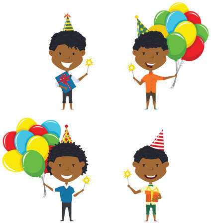 Happy African-American boys carrying colorful wrapped gift boxes, bright balloons and sparklers. Happy Birthday celebration. Flat style vector illustration for greeting card and posters. Cute kids with presents for friend.のイラスト素材