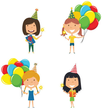 Happy beautiful girls carrying colorful wrapped gift boxes, bright balloons and sparklers. Happy Birthday celebration. Flat style vector illustration for greeting card and posters. Cute kids with presents for friend.のイラスト素材