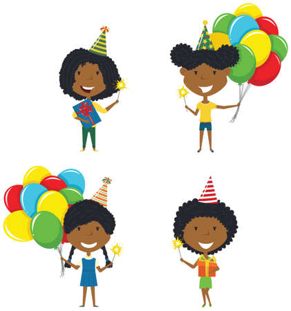 Happy African-American girls carrying colorful wrapped gift boxes, bright balloons and sparklers. Happy Birthday celebration. Flat style vector illustration for greeting card and posters. Cute kids with presents for friend.のイラスト素材
