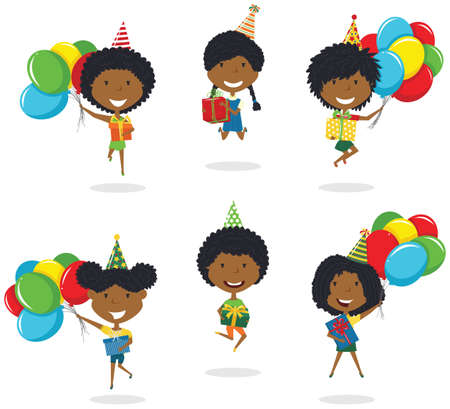 Jumping African-American boys carrying colorful wrapped gift boxes and bright balloons. Happy Birthday celebration. Flat style vector illustration for greeting card and posters. Cute kids with presents for friend.のイラスト素材