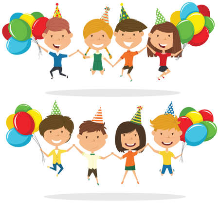 Jumping boys and boys carrying colorful wrapped gift boxes and bright balloons. Happy Birthday celebration. Flat style vector illustration for greeting card and posters. Cute kids with presents for friend.のイラスト素材