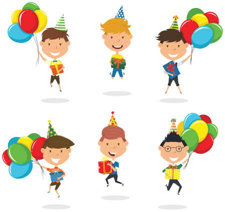 Jumping boys carrying colorful wrapped gift boxes and bright balloons. Happy Birthday celebration. Flat style vector illustration for greeting card and posters. Cute kids with presents for friend.のイラスト素材