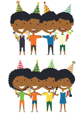 Cute African-American boys and girls hugging and holding non-alcoholic beverage. Happy Birthday celebration. Flat style vector illustration for greeting card and posters. Cute kids with presents for friend.のイラスト素材