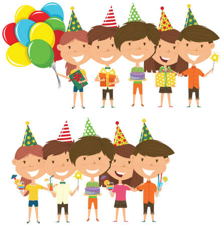 Beauty young boys and girls hugging and holding colorful wrapped gift boxes, bright balloons, cocktails and fireworks. Happy Birthday celebration. Flat style vector illustration for greeting card and posters. のイラスト素材