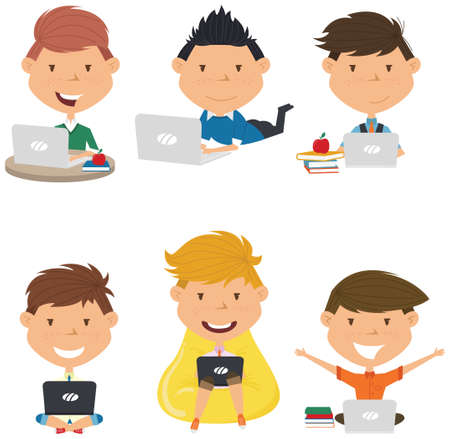 Happy boys with laptops. Students learn and do homework by computer.のイラスト素材