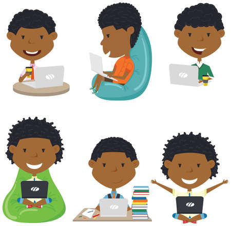 Happy African American boys with laptops. Students learn and do homework by computer.のイラスト素材