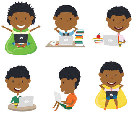 Happy African American boys with laptops. Students learn and do homework by computer.のイラスト素材