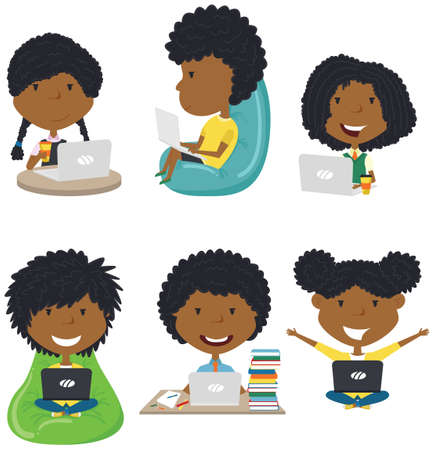 Happy African-American girls with laptops. Students learn and do homework by computer.のイラスト素材