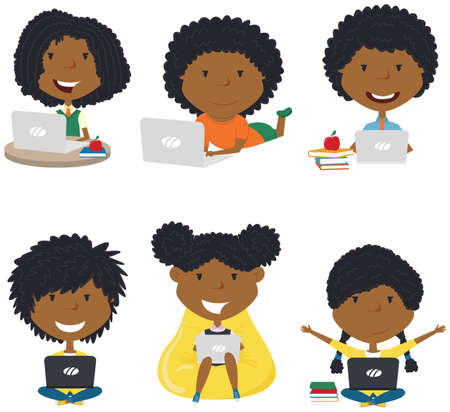 Happy African-American girls with laptops. Students learn and do homework by computer.のイラスト素材