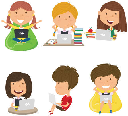 Happy girls with laptops. Students learn and do homework by computer.のイラスト素材