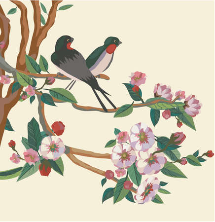 Spring  All wakes up, flowers sakura blossom love swallows のイラスト素材