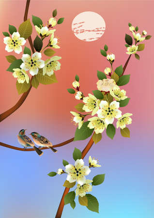 Evening in the garden blooming cherry and birds singのイラスト素材