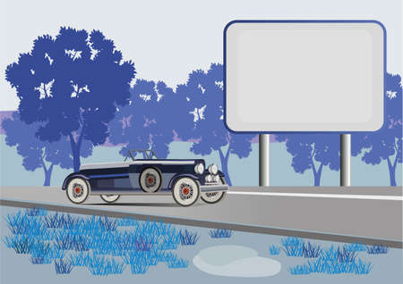 retro car on a background of a landscape and a billboardのイラスト素材