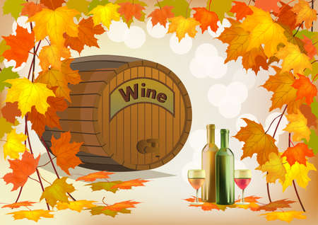 Banner with a barrel of wine in bottles and glassesのイラスト素材