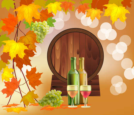 Banner with a barrel of wine in bottles and glassesのイラスト素材
