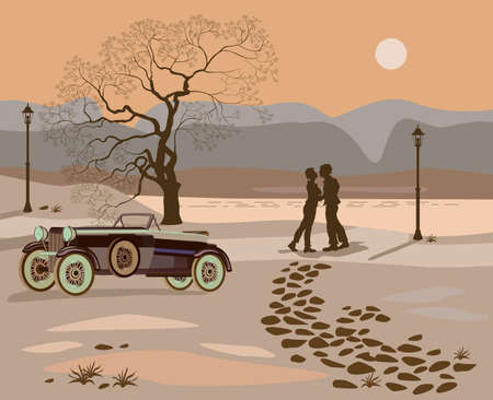 kissing couple in the park at nightのイラスト素材