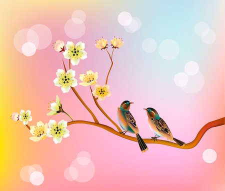 Evening in the garden blooming cherry and birds singのイラスト素材