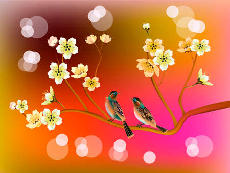 Evening in the garden blooming cherry and birds singのイラスト素材