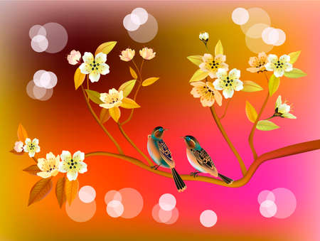 Evening in the garden blooming cherry and birds singのイラスト素材