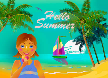 A Vector illustration of summer on beach girl eating iceのイラスト素材