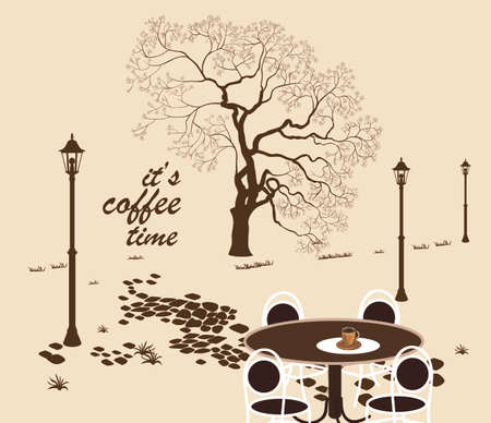 Vector poster with spring evening in the park. Typography card, image with lettering. It's coffee time.のイラスト素材