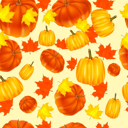 Seamless autumn background. Red and yellow pumpkins and autumn leaves.のイラスト素材