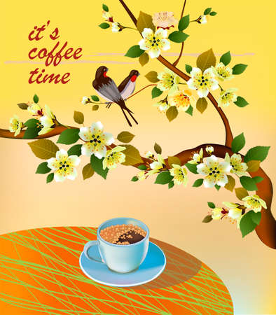 Banner spring leaves blooming cherry blossom. Coffee on the table in the spring. Time to drink coffee.のイラスト素材