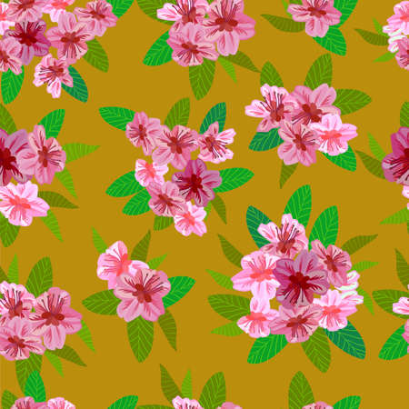 Vector seamless spring background with white and pink flowers with green and yellow leavesのイラスト素材