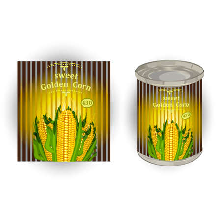 Vector illustration of tin can with a label for canned sweet corn with the image of three realistic corn cobs and calligraphic inscriptionのイラスト素材