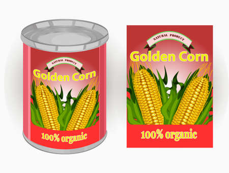 illustration of tin can with a label for canned sweet corn with the image of three realistic corn cobs and calligraphic inscriptionのイラスト素材