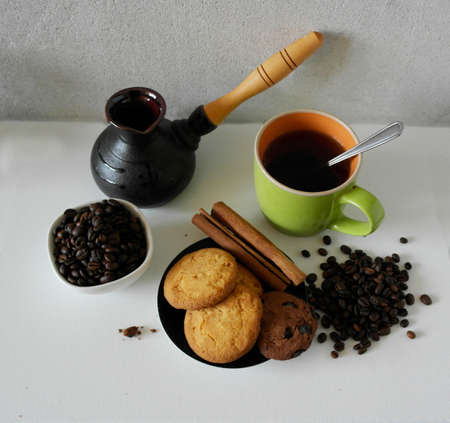 Wooden table, cookies and cinnamon, on a wooden table, on a white background.の写真素材