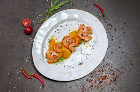 Thai mango salad with shrimp. original submission. flat layの写真素材
