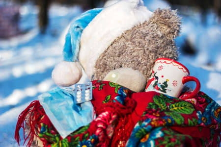 Sick teddy bear in the woodの写真素材