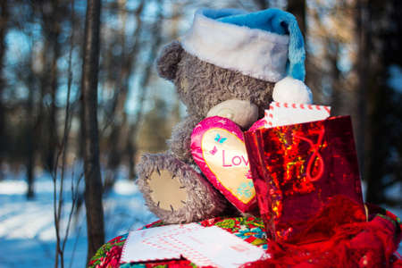 Christmas toys with presents in the woodの写真素材