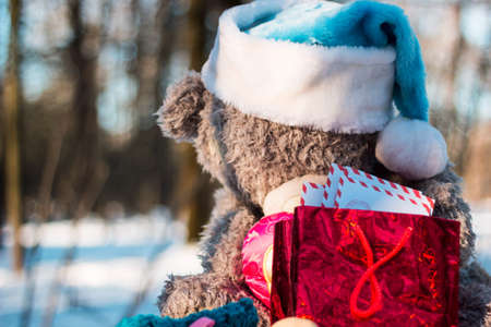 Christmas toys with presents in the woodの写真素材