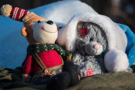 Christmas toys with presents in the wood