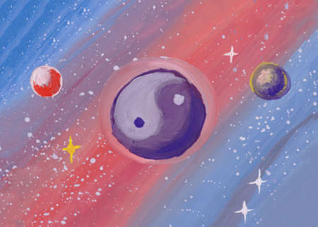 Textured gouache galaxy painting. Creative design. Cosmic artistic illustration. Dark blue and purple background. Space background.の写真素材
