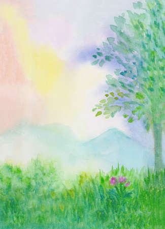 Watercolor landscape painting with mist and rising sun, morning fog in a field with grass and bushes, hand drawn illustration, nature backgroundの写真素材