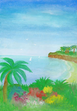 Tropical ocean shore with flowers and palm trees. Clean beach with yellow sand, washed by the crystal clear surf. Paradise on the ocean. Marine painting in gouache.の写真素材