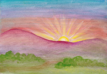 Summer landscape at sunrise. Gouache painting. Early morning in the mountains. The sun's rays shine from behind the mountains, the sky is colored by beautiful sunshine. Nature landscape painting.の写真素材